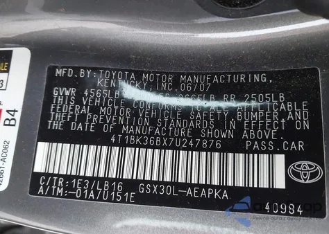 2007 Toyota Avalon Limited from USA, damaged, VIN 4T1BK36BX7U247876